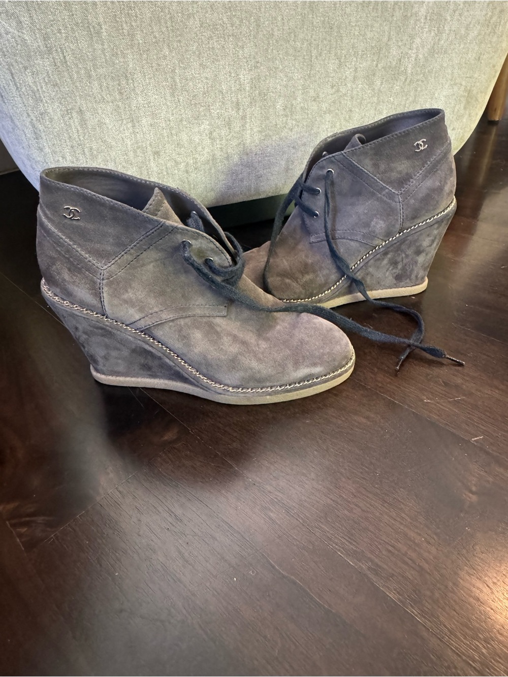 CHANEL Gray Suede Lace-Up Wedge Ankle Boots